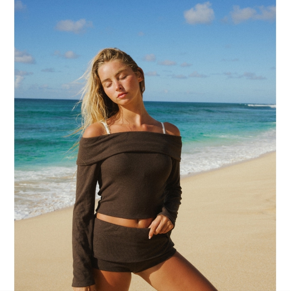 Brown Off-Shoulder Crop Top and Shorts Set
